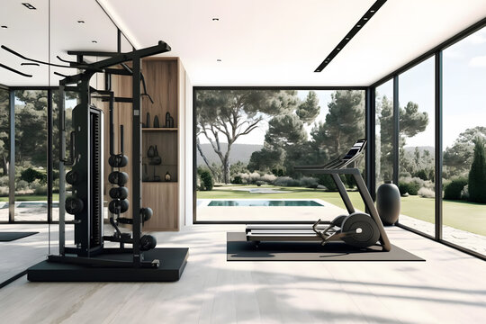 Private gym in luxury home. Neural network AI generated art
