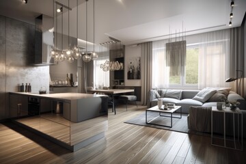 Contemporary luxury apartment design with chic silver walls and a wooden floor. Generative AI
