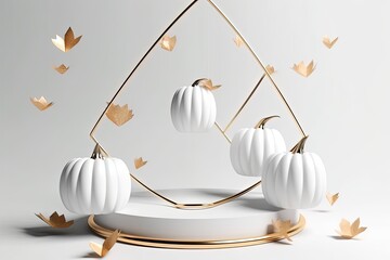 illustration for 3d halloween background pedestal podium on white flying levitating pumpkin display with gold triangle frame product promotion or text showcase abstract banner spooky luxury 3d render
