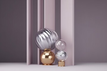 illustration for 3d background podium display abstract metallic gold christmas ball flying pastel purple gray primitives levitating over pedestal cosmetic beauty product placement trendy 