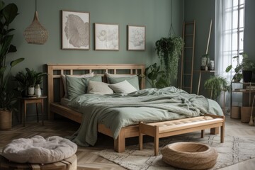 Elegant bedroom with wooden bed, faux poster frame, cube, basket, vase with flowers, and fine accessories. Nice bed linens, blankets, and pillows. Template. Generative AI