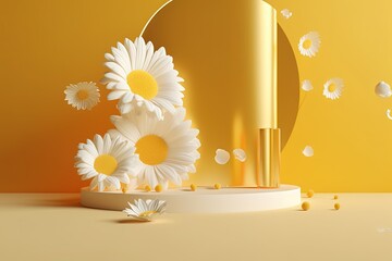 illustration for 3d background yellow podium display white daisy flower falling cosmetic or beauty product promotion step pedestal on bright backdrop chamomile spring banner  copy space mockup