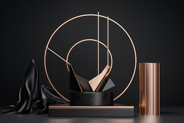 illustration for 3d podium pedestal with gold copper rim frame hand with geometric shapes black background for product promotion abstract platform art deco banner minimalist mockup 