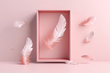 illustration for 3d background gift open box display for cosmetic product presentation with falling feather pastel pink present for birthday valentine s or woman s day branding banner