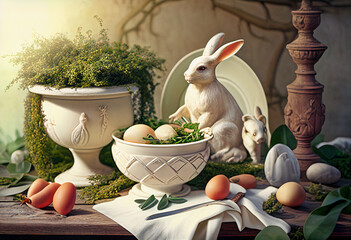 Easter symbols on the table, eggs, bunny, white borscht, boxwood and sunny day - obrazy, fototapety, plakaty
