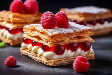 Millefeuille cake with powdered sugar and raspberries. Generative AI - obrazy, fototapety, plakaty