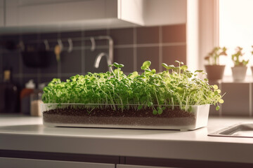 Sprouts of microgreens growing in a case in the kitchen, closeup. Generative AI