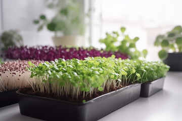 Green and red sprouts of microgreens growing in the kitchen, closeup. Generative AI