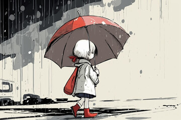 Small girl walking under the red umbrella in the rain, back view, cartoon style. Generative AI
