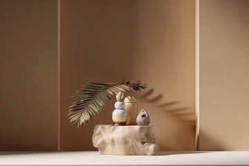 illustration for 3d background beige podium display leaf shadow nude cosmetic beauty product promotion mock up with stone nature brown pedestal trendy minimal studio banner abstract 