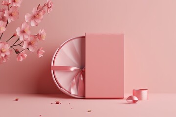 illustration for 3d background gift open box display for cosmetic product presentation with cherry sakura flower present with pastel pink ribbon spring branding banner 3d render shopping mockup