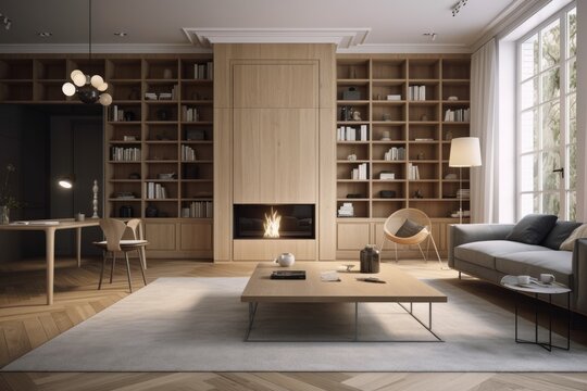 Interior of a living room with a fireplace, coffee table, bookshelves, carpet, and parquet floor made of oak wood. minimalist design principle. a relaxed setting for meetings. Generative AI