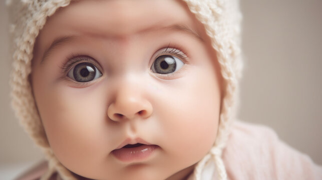 Cute sweet baby closeup in knitted bonnet. Generative AI