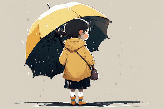 Small girl under the big umbrella in the rain, back view. cartoon style, Generative AI