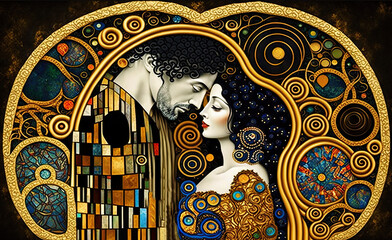 a painting of a man and a woman embracing each other
