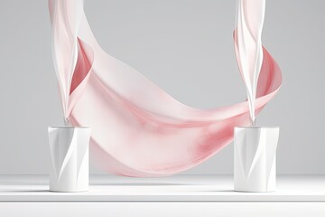 illustration for 3d display podium white background with pedestal and pink flying silk cloth curtain nature wind beauty cosmetic product presentation stand luxury feminine banner 3d render 