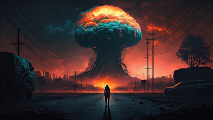 Man witnessing Mass destruction with Red Light Scene generative ai dystopian illustration