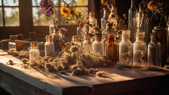 An assortment of flowers and herbs to make essential oils. Rustic health and wellness lifestyle image.
