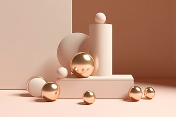 illustration for 3d podium on beige pastel background and levitating balls summer minimal holiday product promotion platform mockup with gold sunny 3d render display and copy space banner 