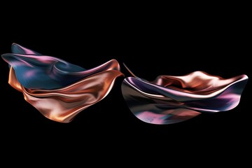 Obraz premium illustration for 3d render abstract metallic gold and violet magic cloth set colorful fabric flying isolated on black background for banner iridescent holographic
