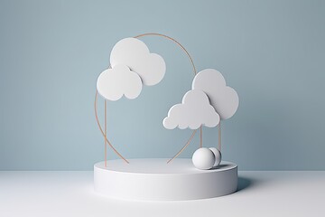 illustration for white podium display with cloud shapes pedestal over light blue pastel background for products promotion minimal sky concept with empty space modern mock up