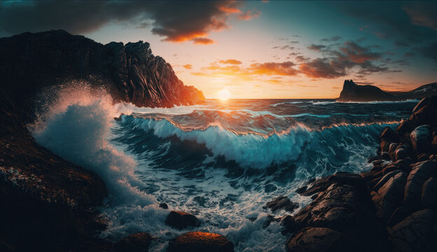Gorgeous Rocky Shoreline with Crashing Waves Generative AI illustration © Xavier