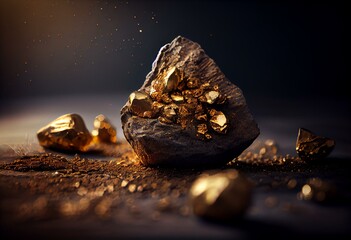 Closeup of big gold nugget with small pices scattered arround. Generative AI - obrazy, fototapety, plakaty