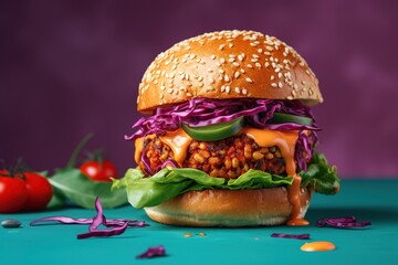 Delicious vegan burger made of beans served with lettuce and cabbage. Generative AI