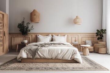 Fototapeta na wymiar Background of a bedroom decorated in a farmhouse style. Generative AI