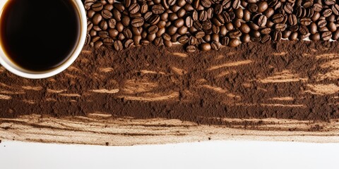 Coffee beans over coffee powder and a cup of coffee. Top view background with copy space. Generative AI