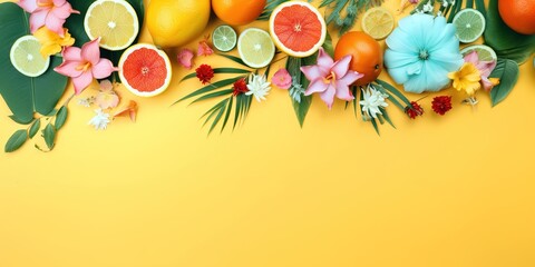 Colorful summer layout with colorful flowers and fruits over yellow background. Generative AI