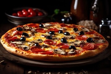 Italian gourmet Capricciosa pizza. Close up shot. Generative AI