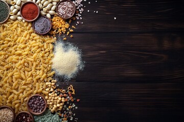 Table top view over wooden background with dry pasta and spices. Generative AI