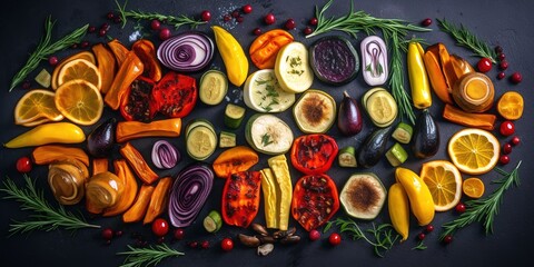 Table top view of roasted vegetables. Generative AI