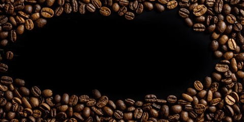Coffee beans frame over black background with copy space in the middle. Generative AI