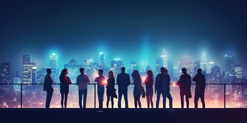 Silhouette of people standing by balcony with amazing panoramic view of metropolis at night. Generative AI