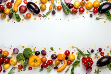 White layout background with fresh vegetables with copy space in the middle. Generative AI