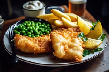 Delicious fish and chips served with green beans, Close up shot. Generative AI