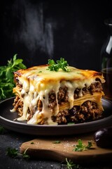Traditional Greek Moussaka dish made of layered eggplant minced meat and bechamel sauce with cheese. Generative AI Vertical shot