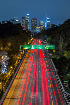 Downtown Los Angeles Skyline and 110 Freeway South Light Trails at Night