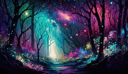 Obraz na płótnie Canvas Glimmering Forest with Bioluminescent Trees misty pathway generative ai illustration