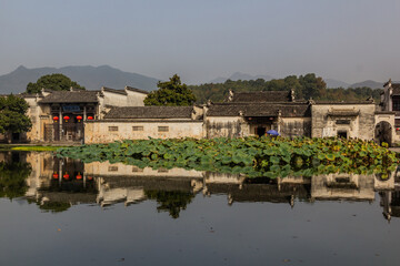 Houses of Hongcun village reflecting in South lake, Anhui province, China