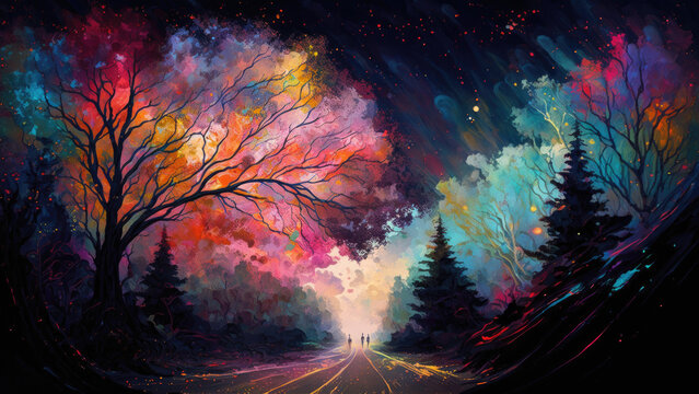Glimmering Technicolor Forest with Bioluminescent Trees generative ai illustration