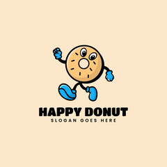 Vector Logo Illustration Happy Donuts Mascot Cartoon Style.