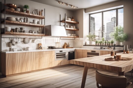 Interior of a kitchen with white furnishings, wooden wall shelves, counters, an oven, and draped windows. a mockup Toned picture. Generative AI