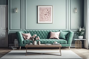 Living room in a contemporary style with mint sofa, coffee table, flower vase, and stylish personal accessories. poster frame mockup. Elegant interior design. paneling made of green wood with a shelf