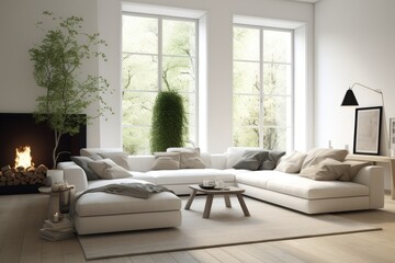 Stylish living room furnishings include a white couch with cushions and a modern fireplace. Generative AI