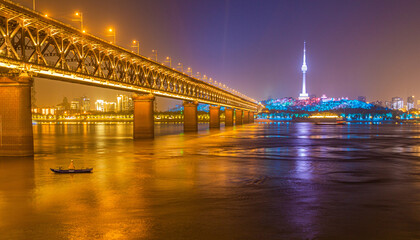 Night view of the First Bridge over Yangzi river (Chang Jiang) in Wuhan, Hubei province, China