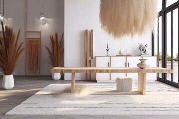 contemporary living room with a spacious wooden dining table. Generative AI