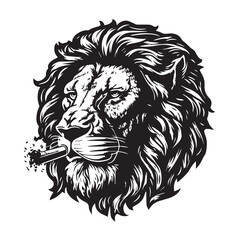Cool face lion smoking cigarette mascot. black white line art vector illustration